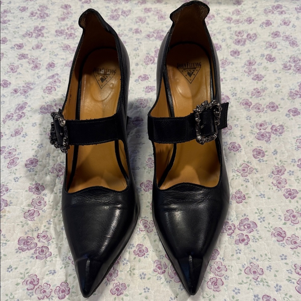 John Fluevog Black Pointed Mary Jane Heels with Decorative Buckles